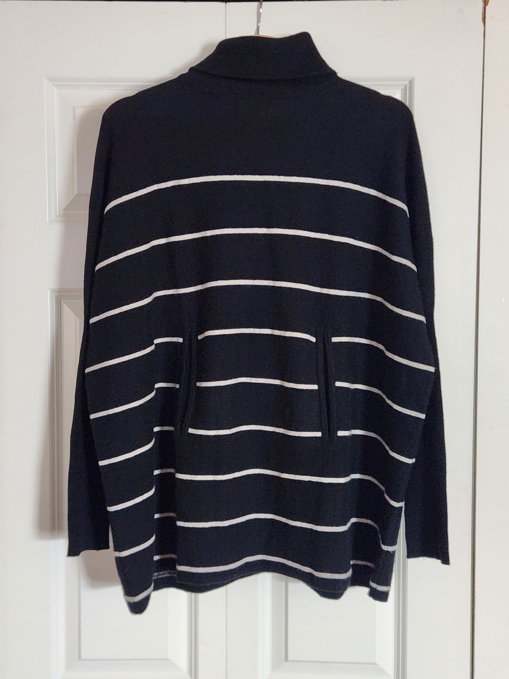 Garnet Hill Black and White Striped Turtleneck Sweater With Pockets
